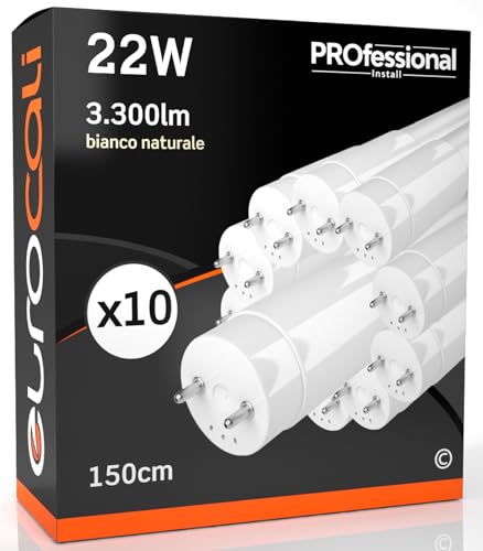 Eurocali Tubo LED 150cm 22W in Policarbonato - Alta Efficienza 3300 lumen - Fascio Ampio 320° - Luce Naturale 4000K - Pacco da 10