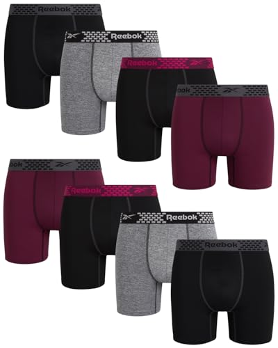 Reebok Cueca masculina - cueca boxer de desempenho (pacote com 8), tamanho grande, preto/vinho/carvã