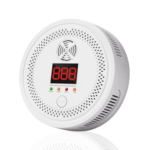 Smoke and Carbon Monoxide Detector 2in1 CO Smoke Alarm with LCD Display 10Year Battery Life 85dB Alarm ExplosionProof ABS Easy Installation Home Safety Device Includes AA Batteries