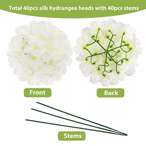 Jpsor 40Pcs Artificial Hydrangea Silk Flower Heads With Stems, Fake Flowers For Mothers Day Wedding Centerpiece Home Garden Party Decoration (White) #TOP1