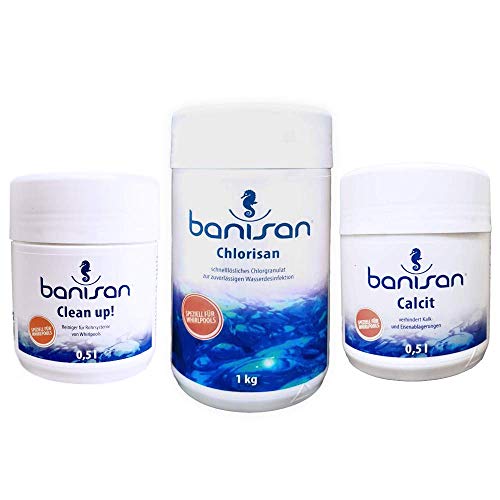 Banisan Sparset Whirlpool Wasserpflege Chlorisan 1kg | Clean up! 500ml | Calcit 500ml | Wasserpflege für Whirlpools SwimSpa Cover