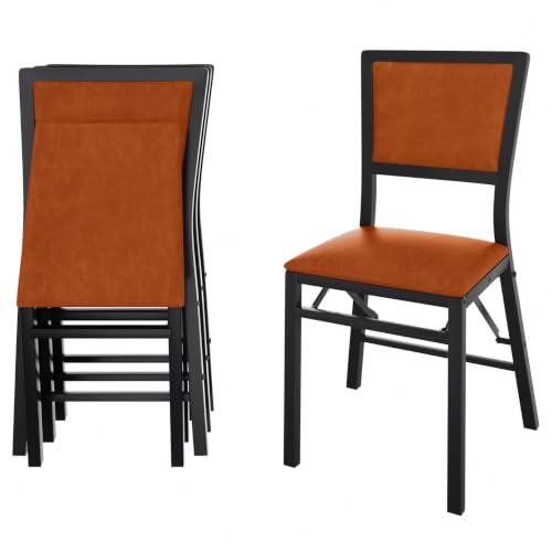 VECELO Folding Chairs Set of 4 with Cushion, Foldable Padded Seats with Heavy Duty Metal Frame for Kitchen/Dining/Living Room, No Assembly & Space Saving Design, Chestnut Brown