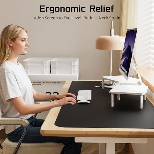 ETHU Dual Monitor Stand Riser for Desk - 3 Adjustable Height Computer Desk Organizer with Storage Drawer, White by ETHU - Image 8