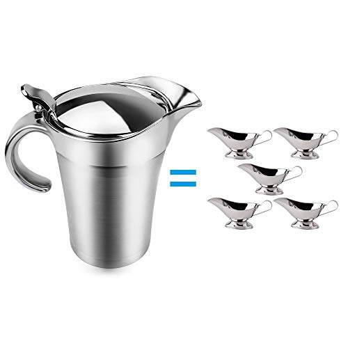 ShineMe Stainless Steel Gravy Boat Sauce Jug with Lid, Double Wall Insulated, Storage for Gravy or Cream, Used at Home & Kitchen (25oz)