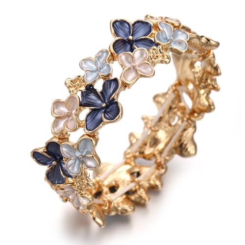 LUREME Gold Sakura Floral Bracelet for Women - Colorful Enamel Flower Stretch Bangle, Adjustable Elastic Cuff (bl003608)