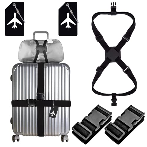Koffergurt 5 Stück Set, Schwarz Kofferband Gurt(2 Stück, W X L= 5cmx190cm), Hochelastischer Koffer Verstellbare Gürteltasche Enthalten 2 Kofferanhänger Mit Adressschild Cover