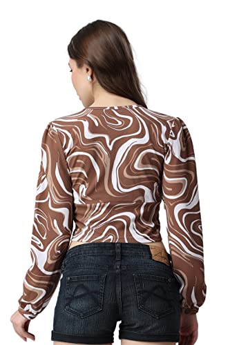 Image of POPWINGS Casual Brown Marble Prin Crop Top for Women || V-Neck Crop Top for Women || Full Sleeves Women Crop Top for Summer || Stylish Western Crop Top for Women