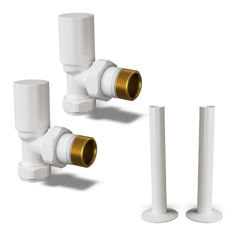 UK Radiators Round White Radiator Valves and Pipe Covers - White Gloss Finish - Classy and Modern Design 1/2" x 15mm Angled Radiator Valves - Pair of Valves with 130mm Pipe Covers