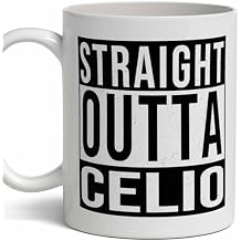 Celio Last Name Gift. Personalized, Custom "Straight Outta" Surname Sign Coffee Mug. 11 Ounces.