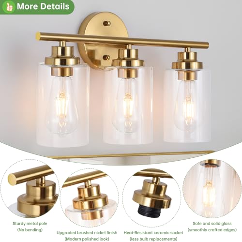 Image of 3-Light Bathroom Light Fixtures, Gold Modern Vanity Light with Clear Glass Shade, Bathroom Lighting Fixtures Over Mirror, Bathroom Wall Lamp for Mirror Living Room Bedroom Kitchen Hallway