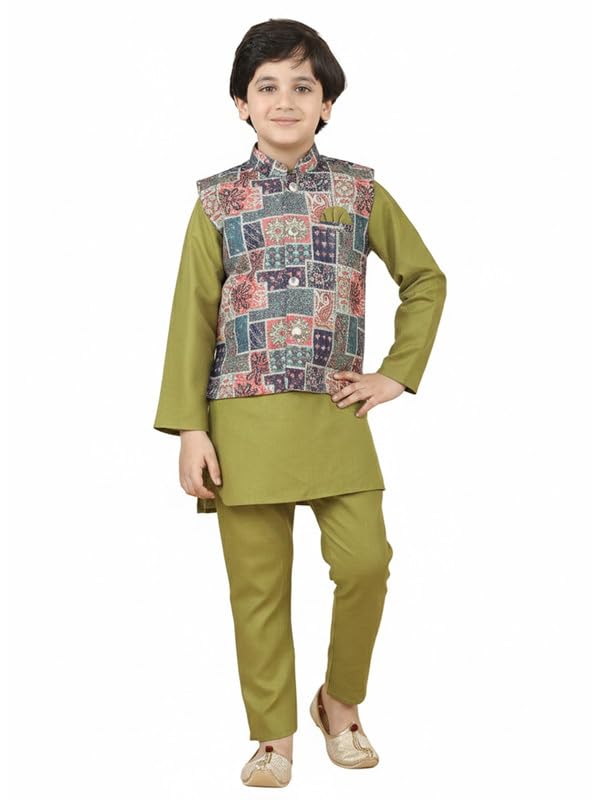 Image of superminis Boys Cotton Printed Full Sleeves Kurta Pyjama with Jacket Ethnic Wear Set