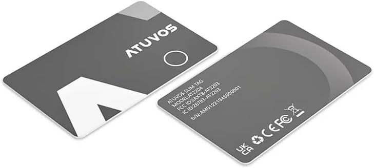 Davant i darrere view of two ATUVOS Bluetooth Tracker Tags. The back shows model number AT2204 and regulatory markings.