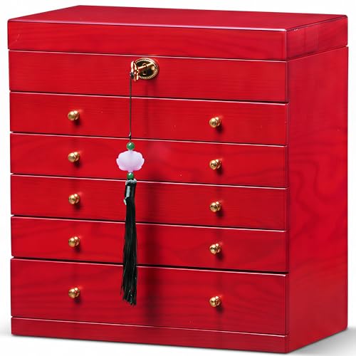 Large Solid Wood Jewelry Box for Women, 7-Tier Lockable Chest with Mirror