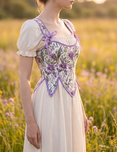 Image of SCARLET DARKNESS Corset Tops for Women Renaissance Costume Floral Lace Up Boned Bustier with Zip