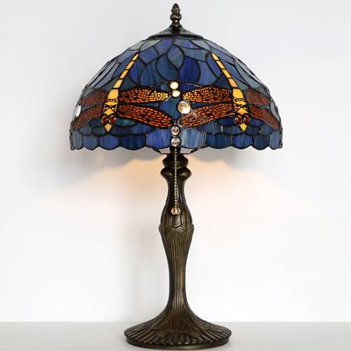 Image of Tiffany Table Lamp Stained Glass Reading Lamp Blue Dragonfly Style