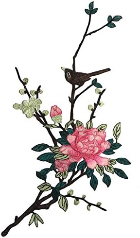 Very Large Peony Flower with Bird Sewn On Patches Embroidered Scrapbooking Lace Fabric Sew On Fabric Flower Motifs, Craft, Sewing, Embroidery Patches (Red)