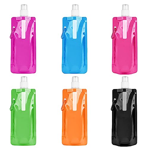 flintronic Foldable Sports Bottle, 6pcs Foldable Water Bottle 500mL, Reusable BPA Free Collapsible Water Bottle, Flexible Drink Pouches Bags with Clip for Outdoor Sports, Travel, Biking, Hiking