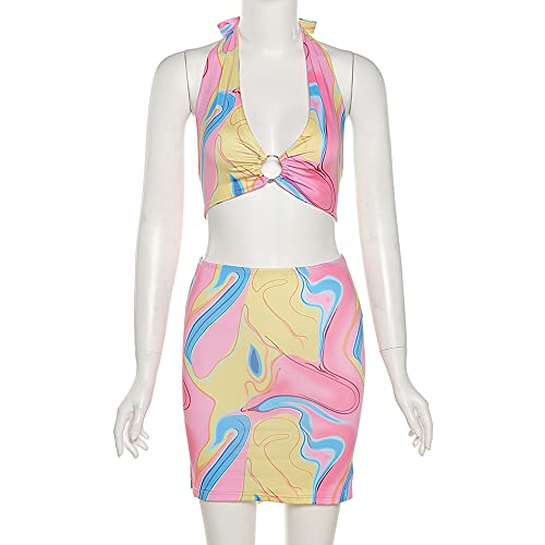 Lufeng Women's Sexy Cut Out Bodycon Summer Dress Halter Deep V Neck Sleeveless Backless Lace Up Mini Club Dress (Small, A-Pink) #TOP3