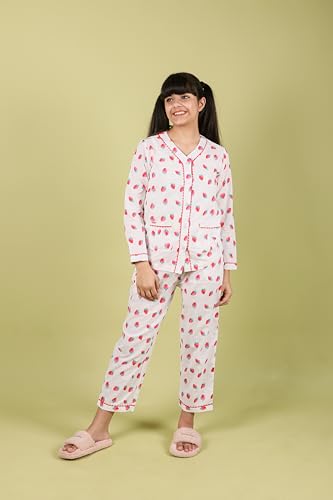 Image of Tweeny Mini Kids Girls Pure Rayon Night Suit | Sleepwear| Night Wear | Nightdress | Top Shirt & Pyjama Combo Set Floral Printed with Pockets Full Sleeves