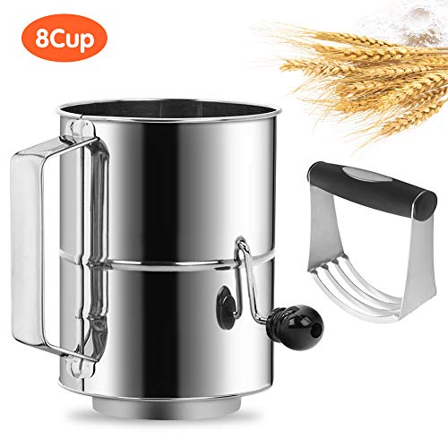 Flour Sifter 8 Cup Stainless Steel Rotary Hand Crank with 16 Fine Mesh Screen Baking Sifter