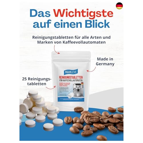 Reinigungstabletten 25 Stück – für alle Marken und Arten von Kaffeevollautomaten und Kaffeemaschinen, z. B. De’Longhi, Philips, Siemens, Saeco, Melitta, Krups, Miele – Markenqualität Made in Germany