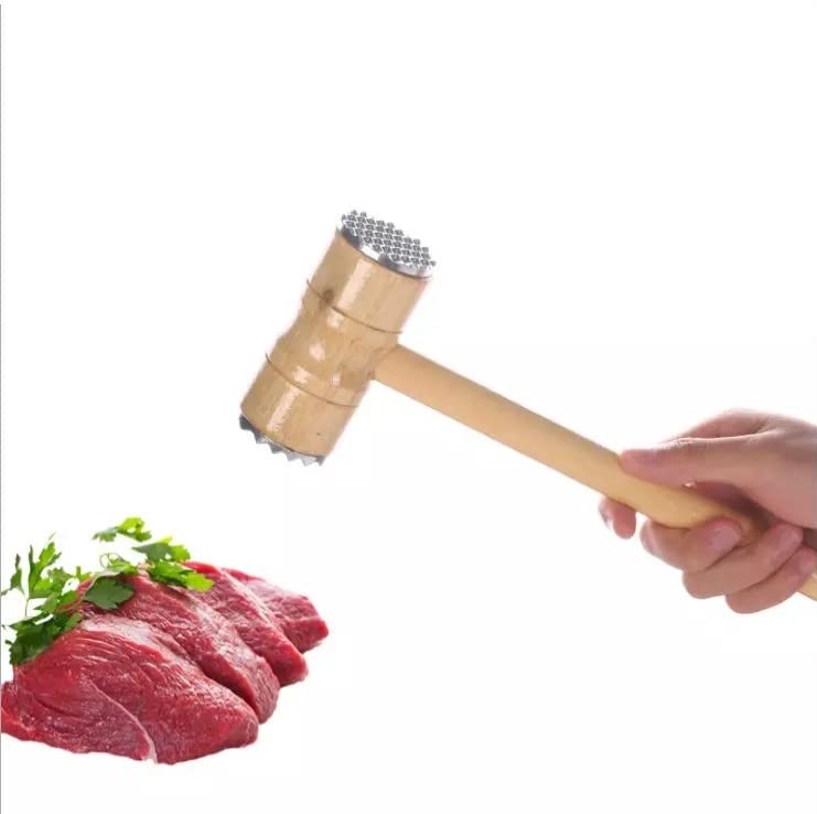 Meat Tenderizer Hammer Wooden Steak Mallet Kitchen Tool Heavy Duty Solid Wood Durable Double-Sided Good Grip Heavy Weight (Wood)