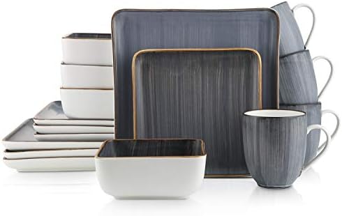 Stone + Lain Esmeralda Porcelain Dinnerware Set, Service for 4, 16 Pieces Square Grey Brushed Design