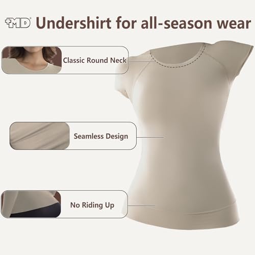 Image of +MD Women's Seamless Short Sleeve Undershirt, Light Compression Scoop Neck Tank Top, Tummy Control Basic Tee Camisole