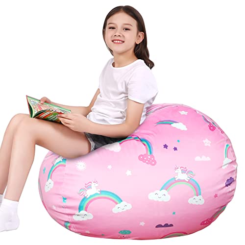 Lukeight Unicorns Stuffed Animal Storage Bean Bag Chair For Kids And Adults, Unicorns Rainbow Bean Bag Stuffed Animal Storage, Pink Kids Bean Bag Chair Cover Unicorns Gifts For Girls, (No Beans) Large #TOP7
