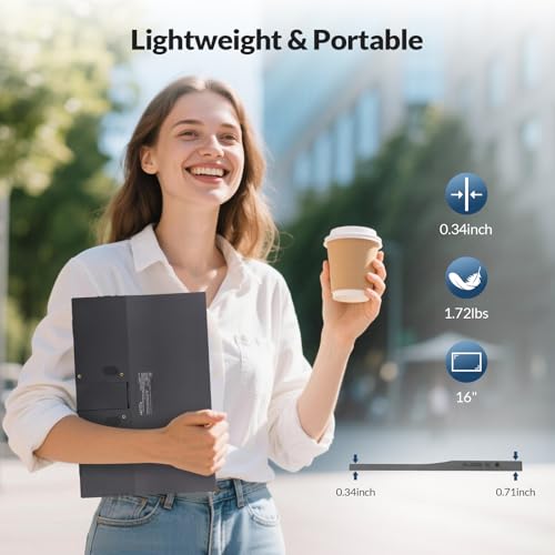 Image of LR Portable Monitor, 16 inch 1200P FHD IPS Display 16:10, 1500:1 Contrast, USB-C&Mini HDMI Travel Monitor with Built-in Stand, Second Screen for Laptop /PC /Mac /Phone /Switch /Xbox /PS4 /5, Vesa Mountable