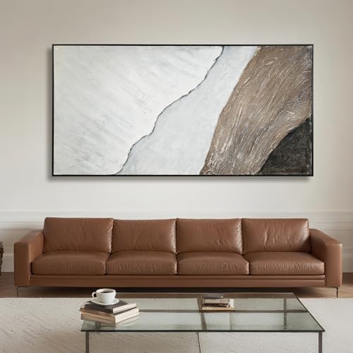 Beach Framed Wall Art Decor, Cuadros para Sala Elegantes y Modernos Dormitorios, Handmade Large Paintings, Living Room Apartment Bedroom Office Kitchen Accessories for Men, Size 29"x58" (White Brown) by Aanuso - Used condition - US$102.51