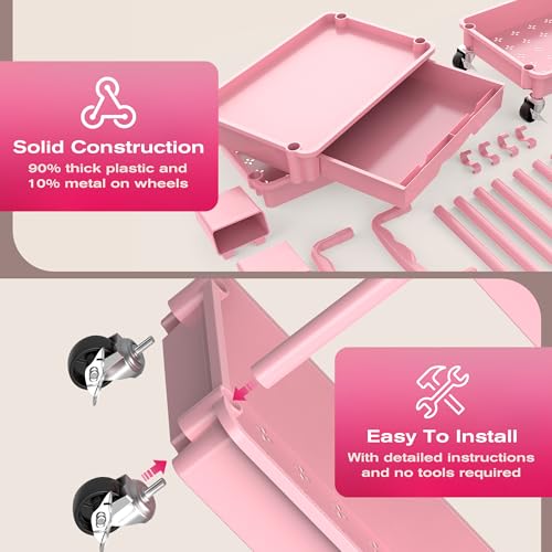 Image of Goovilla Rolling Makeup Organizer Cart with Removable Drawer, 4 Tier Stable Pink Floor Skincare Storage Cart for Vanity, Cosmetic Display, Nail Polish, Perfume, Hair Stuff, Beauty, Bathroom(Plastic)