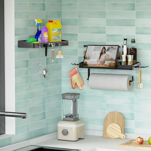 Image of ZUNTO Pack of 2 Black Paper Towel Holder and Organizer Shelf for Garage, Wall Mounted Paper Roll Holder with Shelf and Hooks, Drilling Garage Organization and Storage