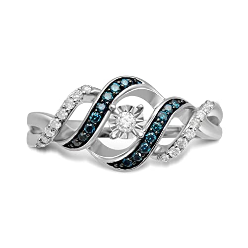 Jewelili Sterling Silver 1/4 Cttw Treated Blue and Natural White Round Diamond Engagement Ring, Size 73