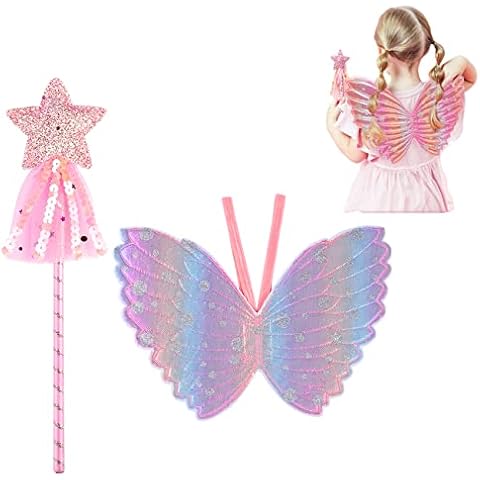 2 Pcs Butterfly Fairy Wand And Wings, Kids Butterfly Fairy Party Wings, Butterfly Princess Fairy Wand, Butterfly Wings and Magical Star Stick Dress Up Costume, for Girls Role Play Party Supplies Cover