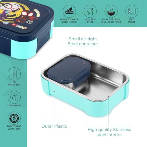 Image of CELLO Kidzbee Galaxy Web Warriors Insulated Kids Lunch Box with Inner Steel Box, Navy Blue | 3D Touch & Feel Designs Tiffin Box | Leak Proof & Break Resistant | Ideal for School & Picnic