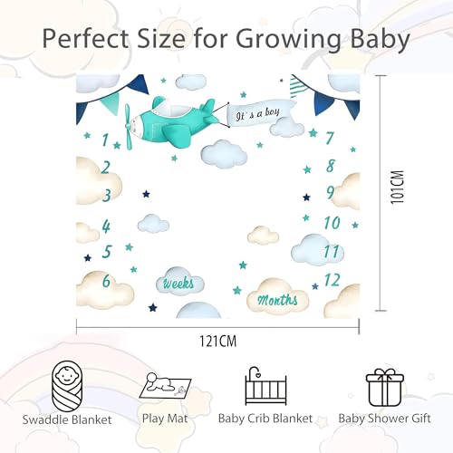 Image of Airplane Theme Baby Monthly Milestone Blanket for Boys, Soft Flannel Aircraft Pilot Cloud Stars Pattern Photography Prop Baby Shower Age Newborn Mom Gifts Nursery Decor (Turquoise, 48x40in)
