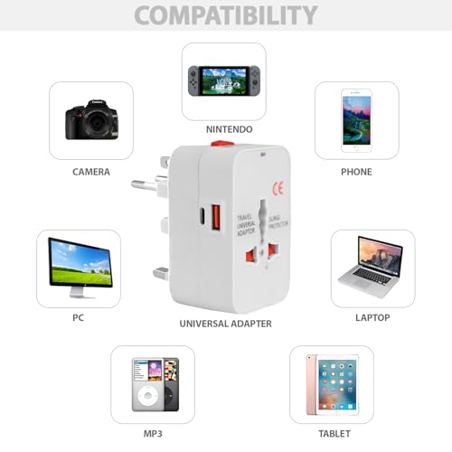 Image of GIGAWATTS Universal Travel Adapter with USB-A & Type-C PD Fast Charging Port All in One Multipurpose Multi Type Worldwide Power Socket AC /DC 2.4A /5V Ports for International Travelling (1Pc, White)