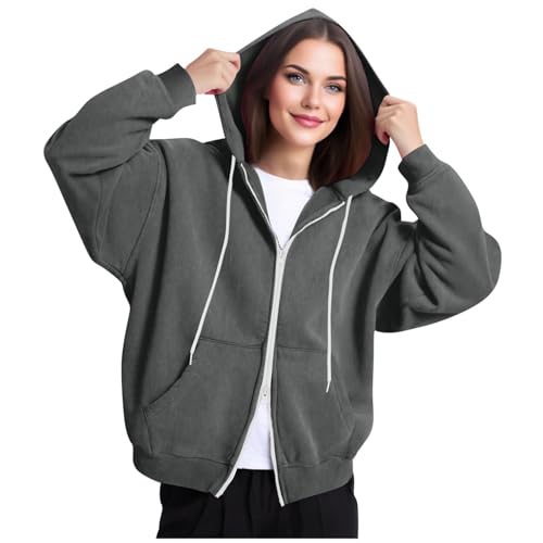 Womens Double Zip Sweatshirt Long Sleeve Loose Fit Drawstring Fall Coats Casual Solid Color Loose Fit Comfy Jackets S-2XL
