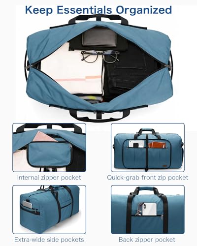 Image of Urtala Travel Duffel Bag for Women & Men, Large Foldable Overnight Weekender Bag with Shoes Compartment & Shoulder Strap, Lightweight Waterproof Luggage Bag, Light Blue, 100L, Expandable Duffle Bag
