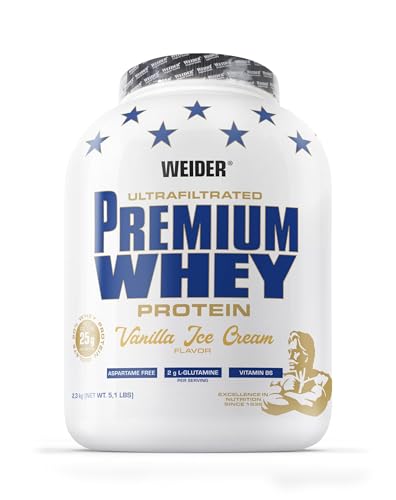 Weider Premium Whey Protein Poudre - Haute Teneur en Protéines, Faible Teneur en Glucides & Faible Teneur en Graisses avec L-Glutamine et Vitamine B6-2,3kg - Vanilla Ice-Cream