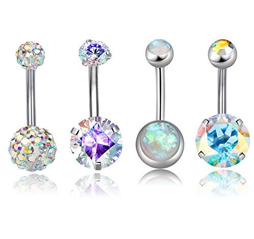 Revolia 4Pcs 14G Stainless Steel Belly Button Rings For Women Girls Navel Rings Cz Body Piercing Ab #TOP1