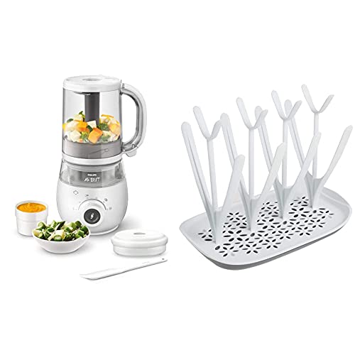 Philips Avent 4-in-1-Babynahrungszubereiter SCF883/01, Dampfgarer, Dampfgaren, Mixen, 1000ml Kapazität, weiß & SCF149/00 Trockenständer, weiß/blau