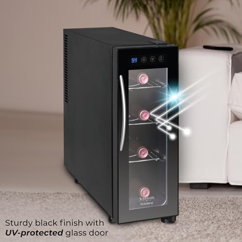 Image of Koblenz EVFK-04 4-Bottle Free Standing Single Zone Fridge and Chiller, Wine | Thermoelectric Wine Cooler with Digital Display and Touch Controls, Black, Wine Bottles, EVFK-04, Great Value, For Gifts