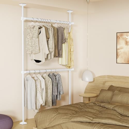 WELDUN Teleskop Kleiderstange Verstellbar Kleiderschrank Kleiderstange Raumteiler Paraventgestell Gardinenstangen Ohne Bohren 227-312cm (H) 71-138 cm (W) Weiß