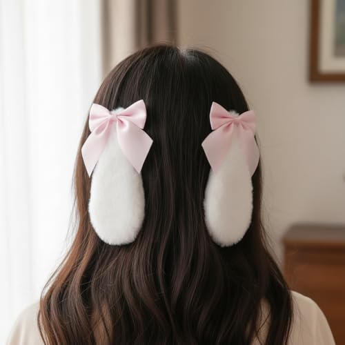 Pinzas para el cabello con orejas de conejo de peluche rosa claro miniatura 2