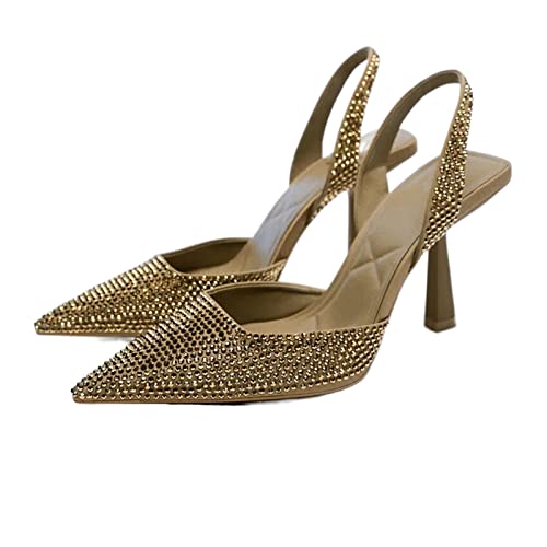 ETZRYSYB Klackar för kvinnor kvinnor strass sexig pump skimrande slingback klackskor tunna klacksandaler, Guld, 39 EU