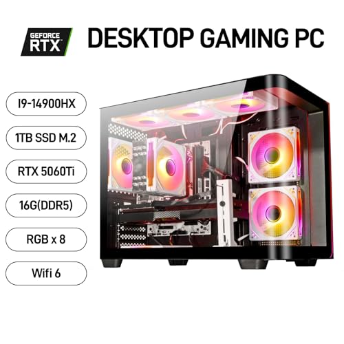 Image of Gaming PC Desktop Core I9-14900HX, GeForce RTX 5060 Ti 8G, 16G DDR5 RAM, 1TB NVME SSD, WiFi 6, 4K 8K High-End Prebuilt PC Computer Tower for Streaming, Video Editing & Workstation Use (Black)