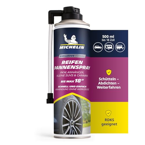 MICHELIN Reifenpannenspray 500 ml – Reifendichtmittel für PKW, Anhänger & kleine SUVs – Reifen abdichten & befüllen ohne Werkzeug – RDKS-kompatibel – bis 18 Zoll Reifen