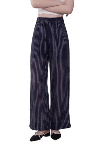 Pantalon large femme rayures bleu marine taille haute élastique fluide K2089L